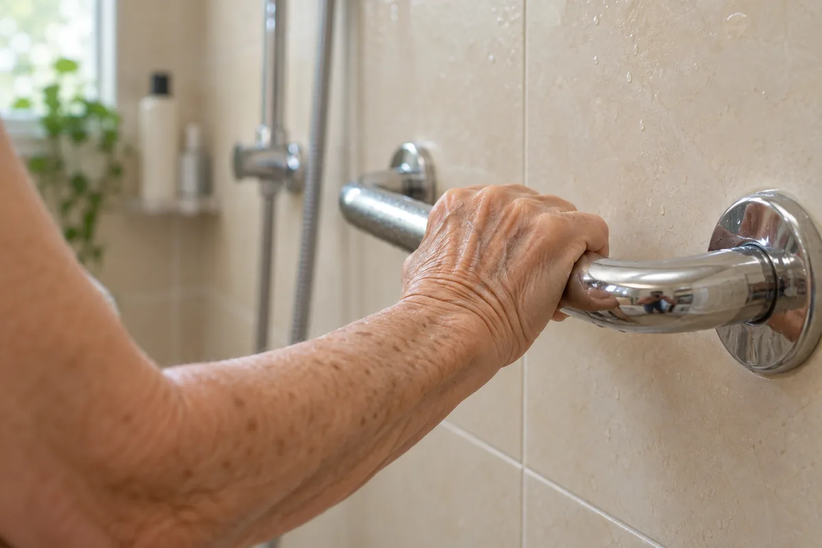 Main posée sur une barre d&rsquo;appui chromée fixée au mur carrelé d&rsquo;une douche