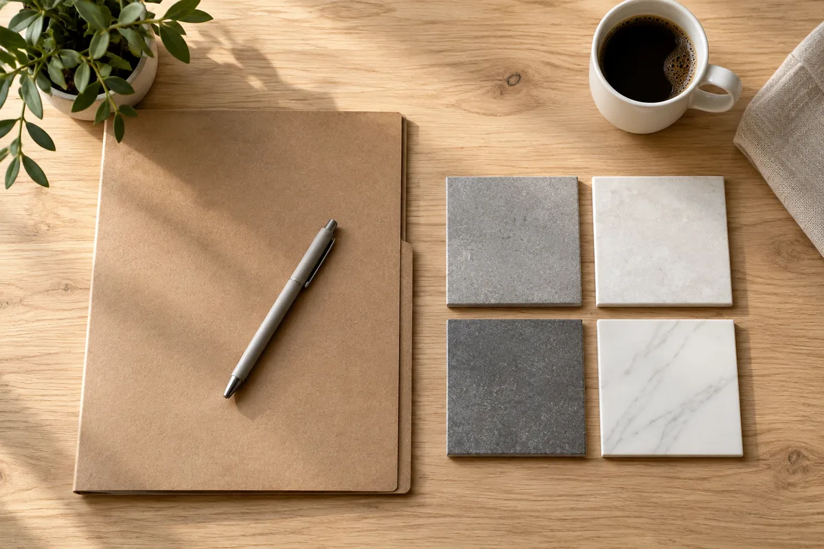Chemise cartonnée, stylo et échantillons de carrelage posés sur une table en bois