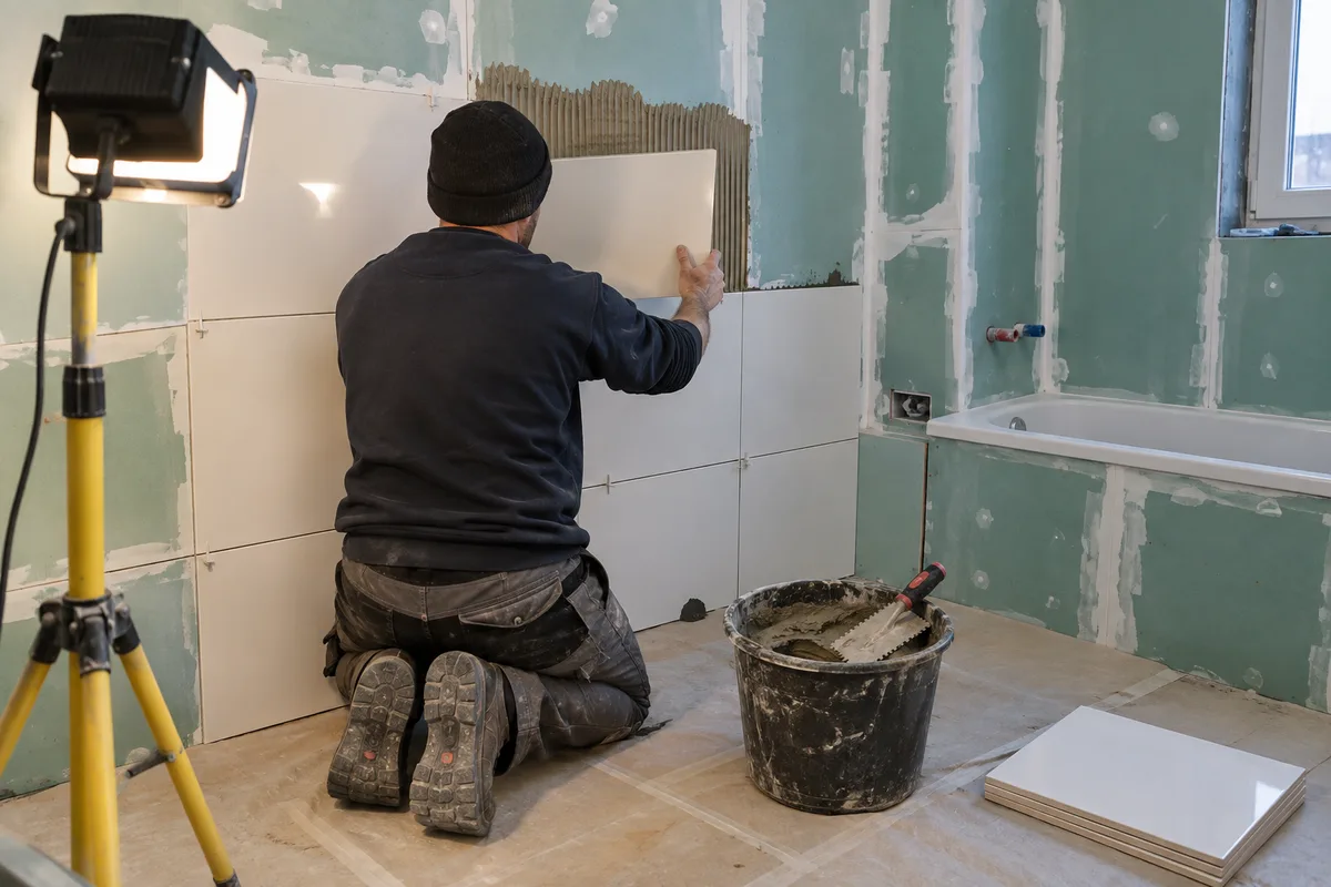 Artisan de dos posant du carrelage mural dans une salle de bain en chantier