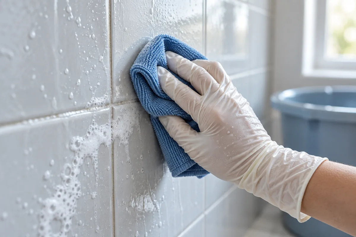 Main gantée dégraissant un mur de faïence claire avec un chiffon avant la pose de carreaux adhésifs