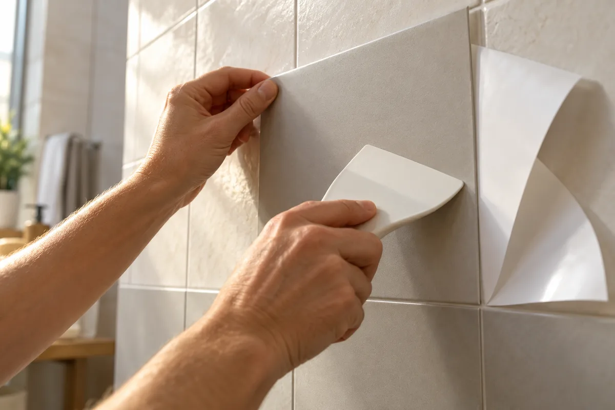 Pose d’un carreau adhésif marouflé à la raclette souple sur un mur de salle de bain