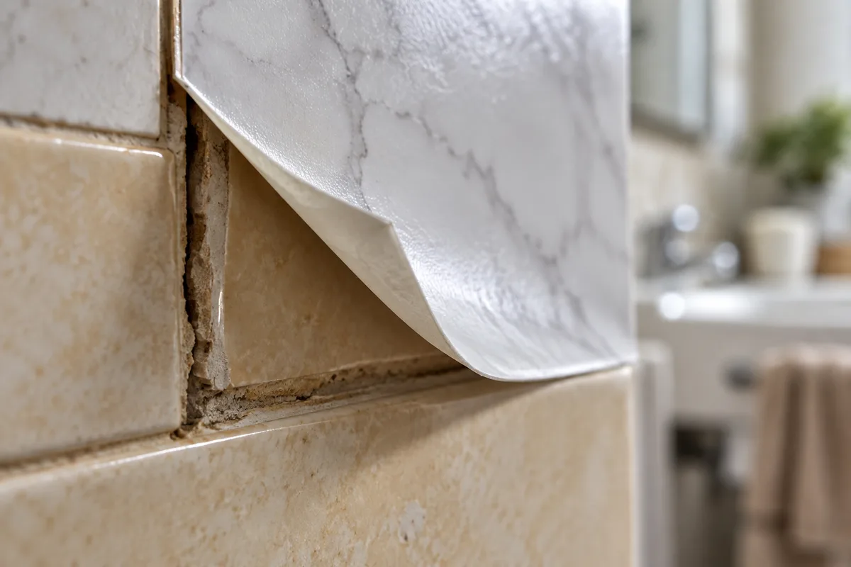 Angle d’un carreau adhésif relevé laissant apparaître la faïence d’origine sur un mur de salle de bain