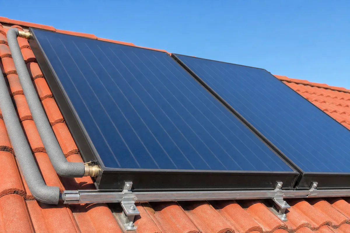 Capteurs solaires thermiques posés sur une toiture en tuiles et ballon de stockage vertical dans un cellier