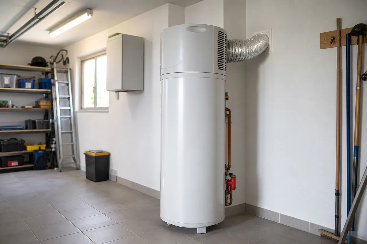 Groupe thermodynamique compact posé sur un ballon de 200 litres dans un garage carrelé, gaine d&rsquo;air apparente