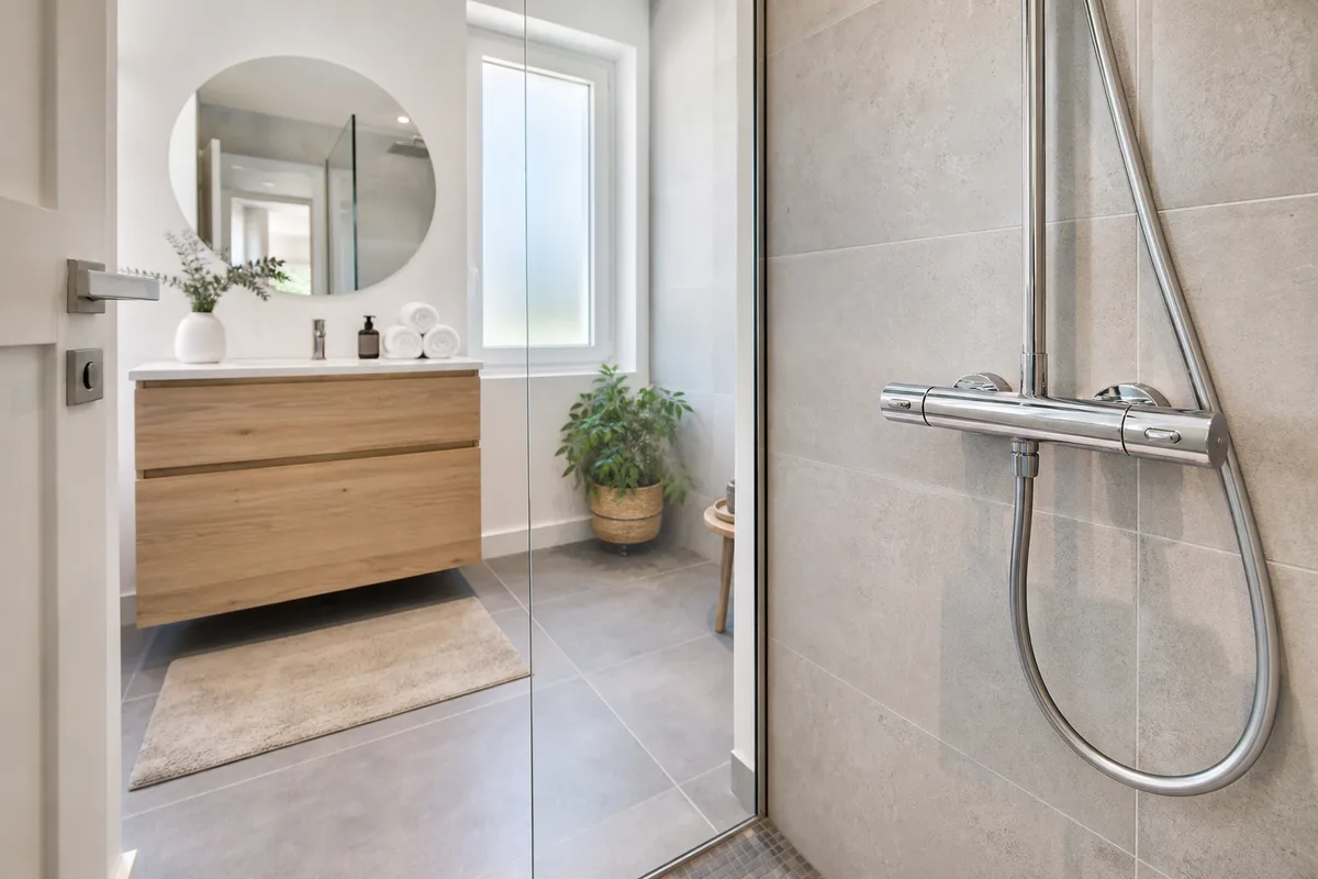 Salle de bains rénovée avec douche vitrée et lumière naturelle, mitigeur thermostatique en gros plan