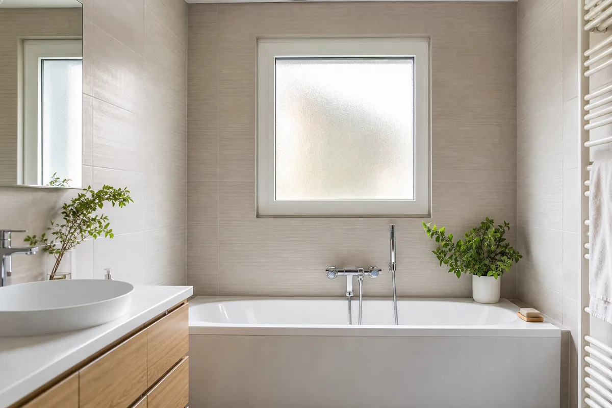 Fenêtre à vitrage dépoli au-dessus d’une baignoire dans une salle de bain lumineuse