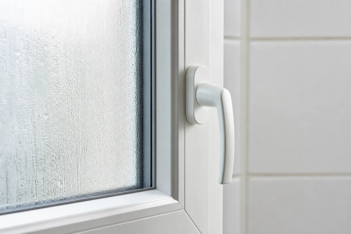 Détail d’un châssis de fenêtre PVC blanc oscillo-battant dans une pièce d’eau carrelée