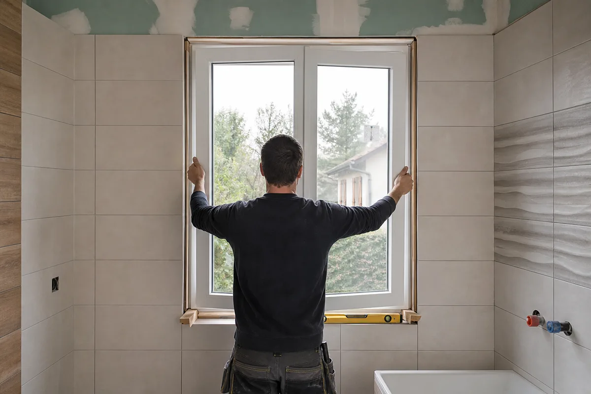 Artisan posant une fenêtre neuve dans le mur carrelé d’une salle de bain en rénovation
