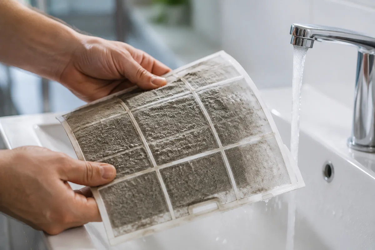 Filtre de climatiseur mural retiré pour nettoyage au-dessus d&rsquo;un lavabo