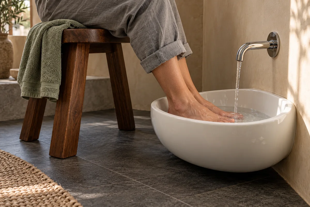 Pieds nus posés dans un bassin bas en céramique blanche fixé au mur, personne assise sur un tabouret en teck