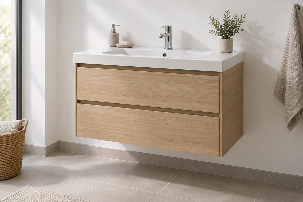 Meuble vasque suspendu en bois clair à deux tiroirs sous une vasque blanche rectangulaire