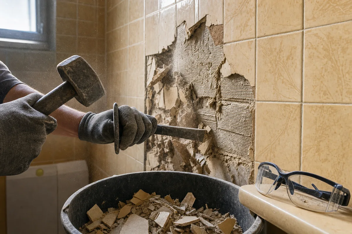 Bricoleur déposant un ancien carrelage mural dans une salle de bain en cours de rénovation