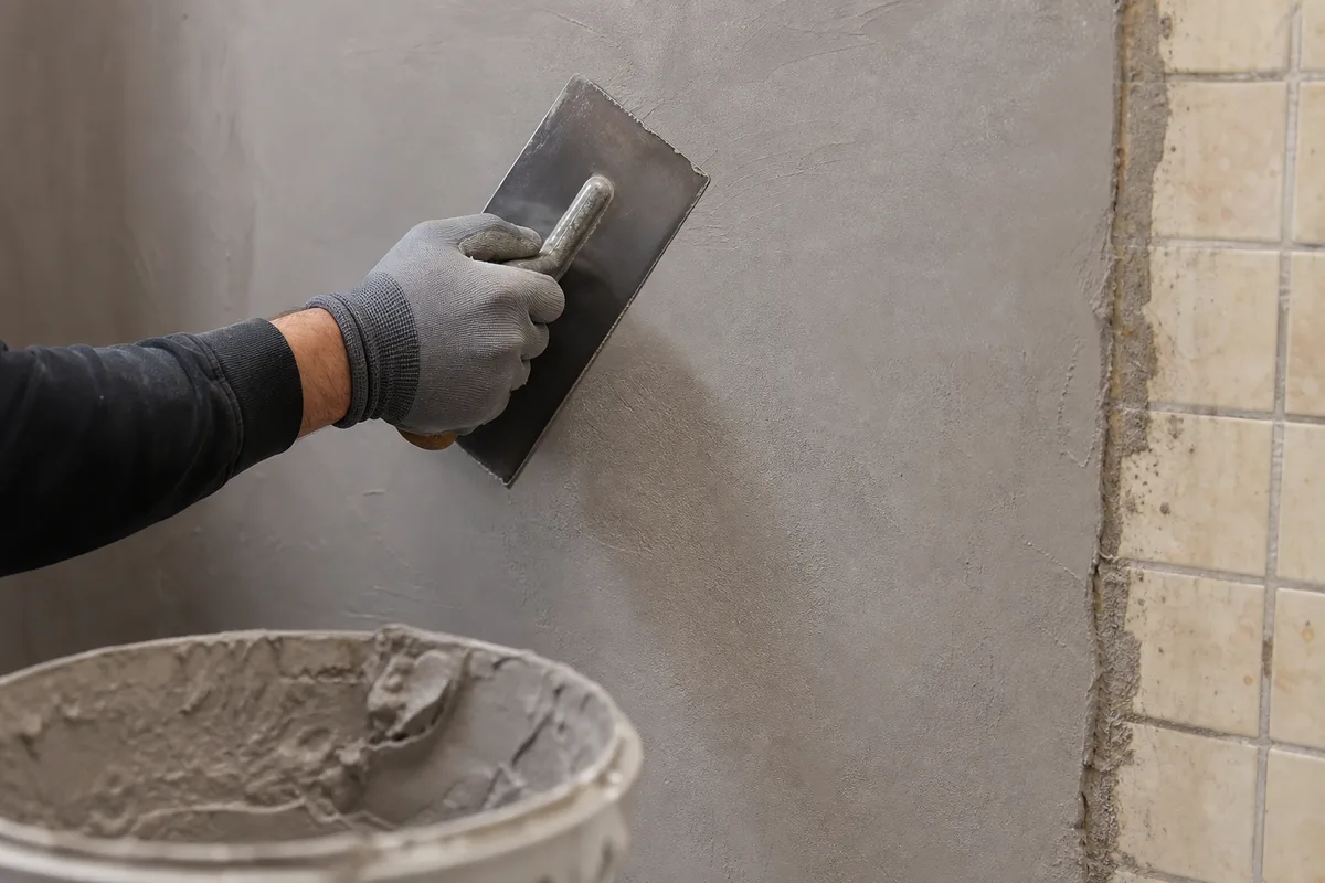 Application d&rsquo;un béton ciré à la taloche sur un mur de salle de bain carrelé