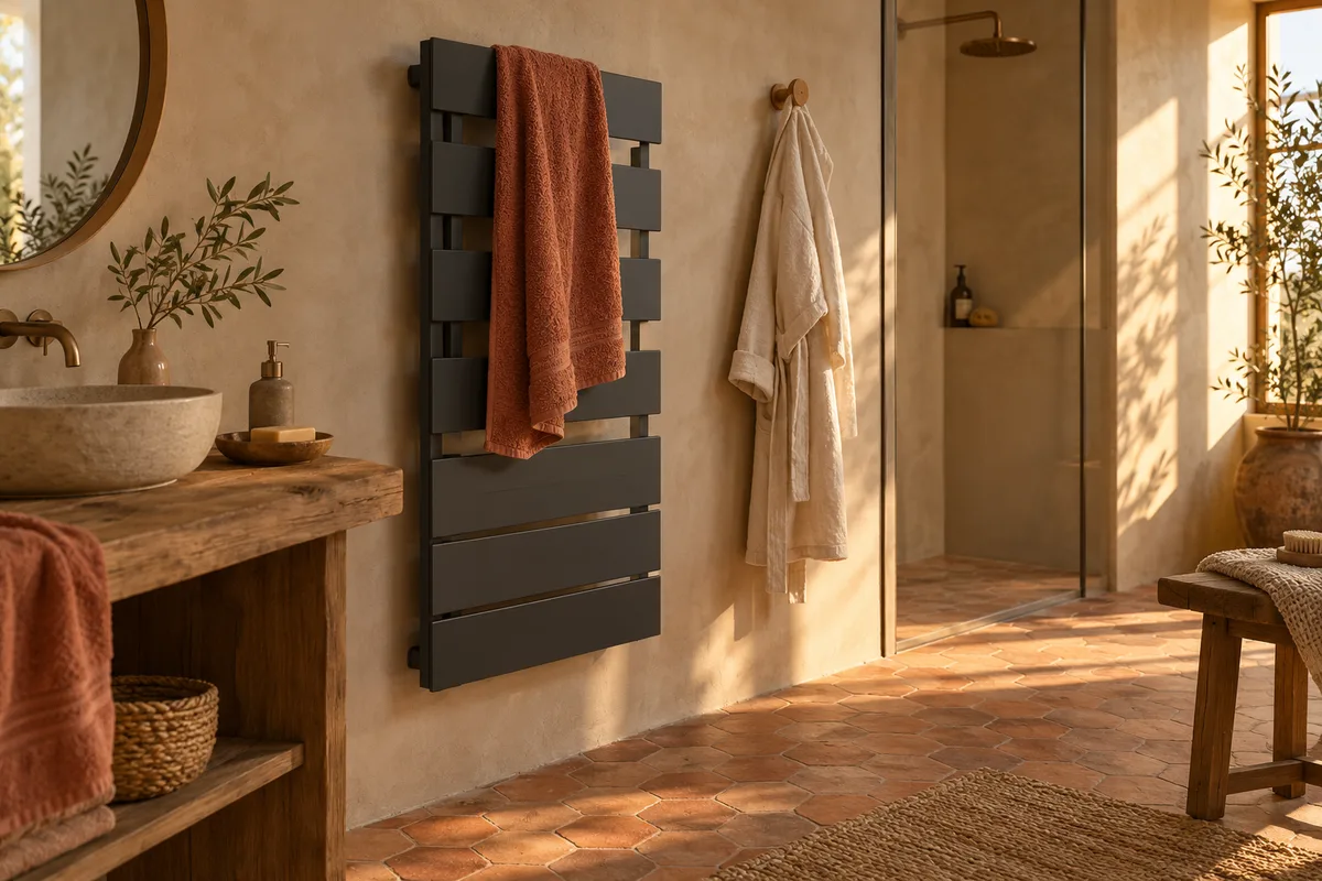 Sèche-serviettes électrique à lames verticales gris anthracite sur un mur en béton ciré beige