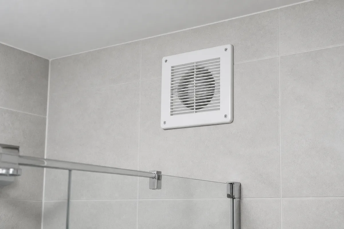 Extracteur d air mural blanc installe en hauteur au dessus d une douche carrelee