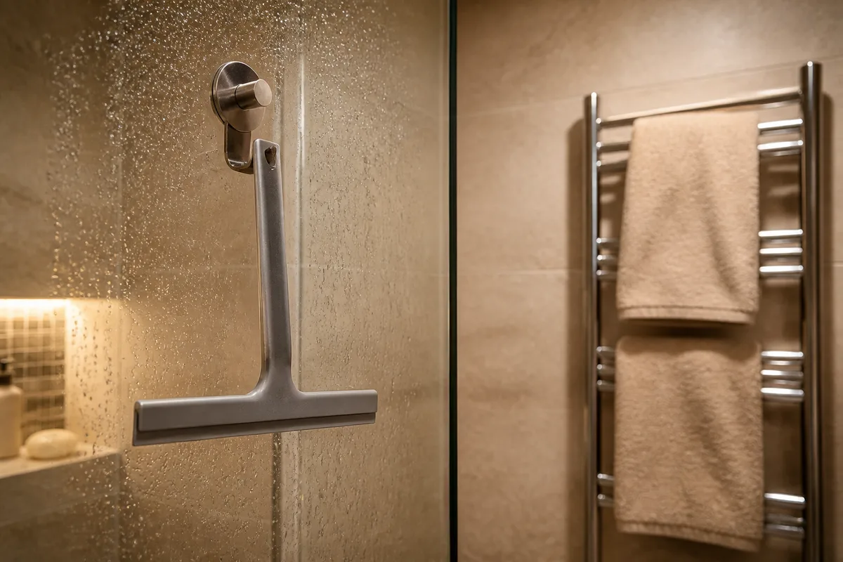 Raclette de douche posee sur une paroi vitree et serviettes suspendues dans une salle d eau